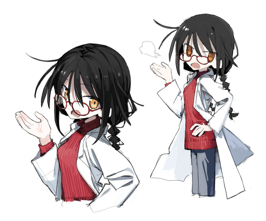 1girl black_hair braid coat cropped_legs cropped_torso from_side glasses grey_pants hand_on_own_hip hand_up highres lab_coat long_hair long_sleeves looking_at_viewer looking_over_eyewear looking_to_the_side low_twin_braids matonari multiple_views null-meta open_clothes open_coat open_mouth pants puff_of_air red_sweater ribbed_sweater sidelocks sigh souen_chiaki sweater twin_braids yellow_eyes