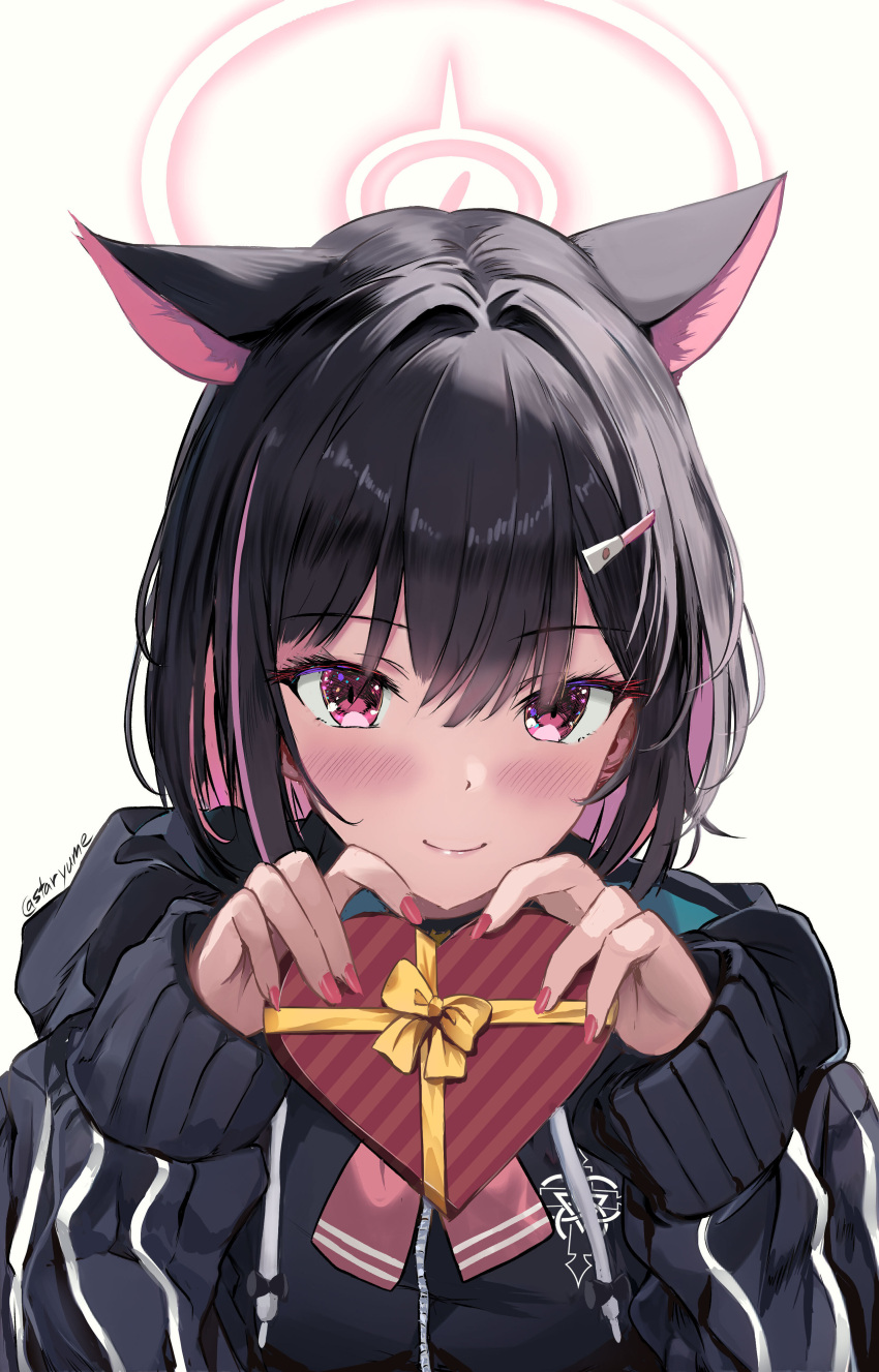 1girl absurdres animal_ears black_hair black_jacket blue_archive blush box cat_ears closed_mouth colored_inner_hair commentary_request extra_ears fingernails gift gift_box hair_ornament hairclip halo heart-shaped_box highres holding holding_gift hood hood_down hooded_jacket jacket kazusa_(blue_archive) long_sleeves looking_at_viewer multicolored_hair pink_hair pink_halo red_eyes short_hair simple_background smile solo staryume twitter_username white_background