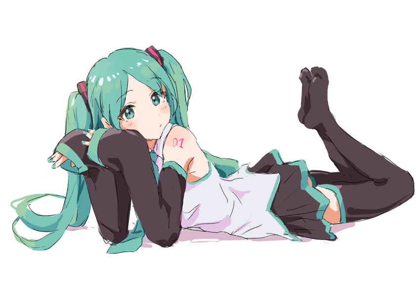 1girl aqua_eyes aqua_hair aqua_nails aqua_necktie aqua_trim bare_shoulders black_sleeves black_thighhighs feet feet_up full_body grey_shirt hatsune_miku highres legs_up looking_at_viewer lying necktie no_shoes on_stomach parted_bangs shirt shoulder_tattoo sleeves_past_wrists soles solo tattoo the_pose thigh-highs twintails vocaloid yakkl