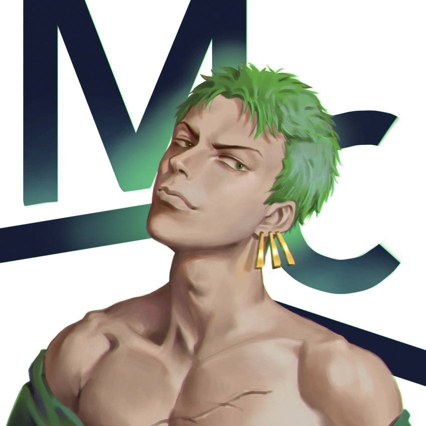 1boy bad_artstation_id bad_id closed_mouth collarbone earrings green_eyes green_hair highres jewelry joesonlan male_focus one_piece roronoa_zoro scar scar_on_chest short_hair single_earring solo topless_male