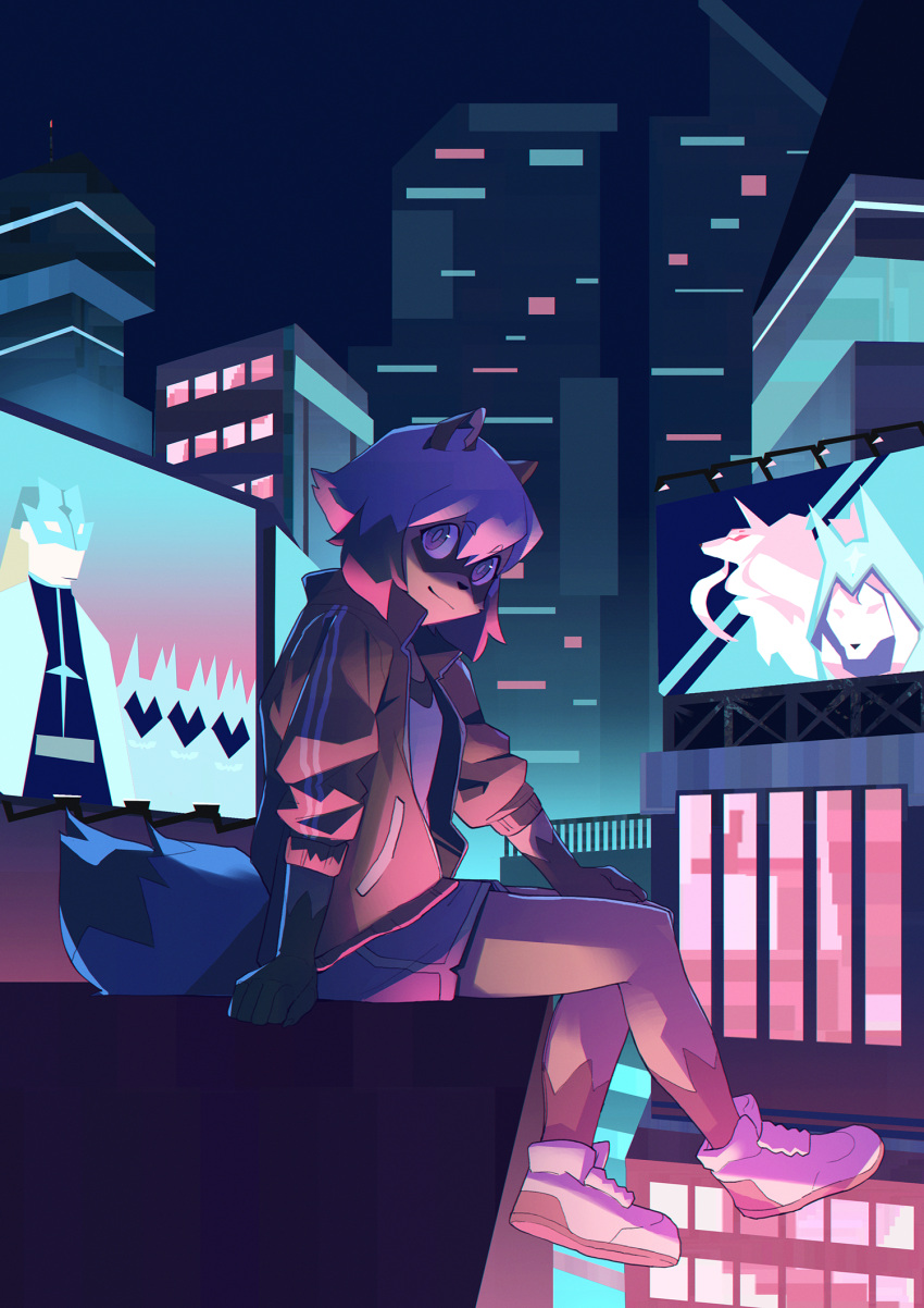1girl animal_ears animal_nose blue_hair body_fur brand_new_animal brown_fur city city_lights dolphin_shorts furry furry_female highres jacket kagemori_michiru looking_at_viewer multicolored_hair night night_sky raccoon_ears raccoon_girl raccoon_nose raccoon_tail red_jacket shoes short_hair shorts sky smile solo tail tanuki trigger_(company) user_tupn8234
