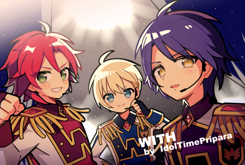 3boys 5.5 blonde_hair blue_eyes blue_jacket clenched_hand closed_mouth commentary_request concert copyright_name epaulettes fingerless_gloves gloves green_eyes group_name hand_up headset idol idol_clothes idol_time_pripara jacket long_sleeves looking_at_viewer male_focus mitaka_asahi multiple_boys open_mouth pretty_series pripara purple_hair purple_jacket red_jacket redhead short_hair smile stage_lights takase_koyoi upper_body yellow_eyes yumekawa_shogo
