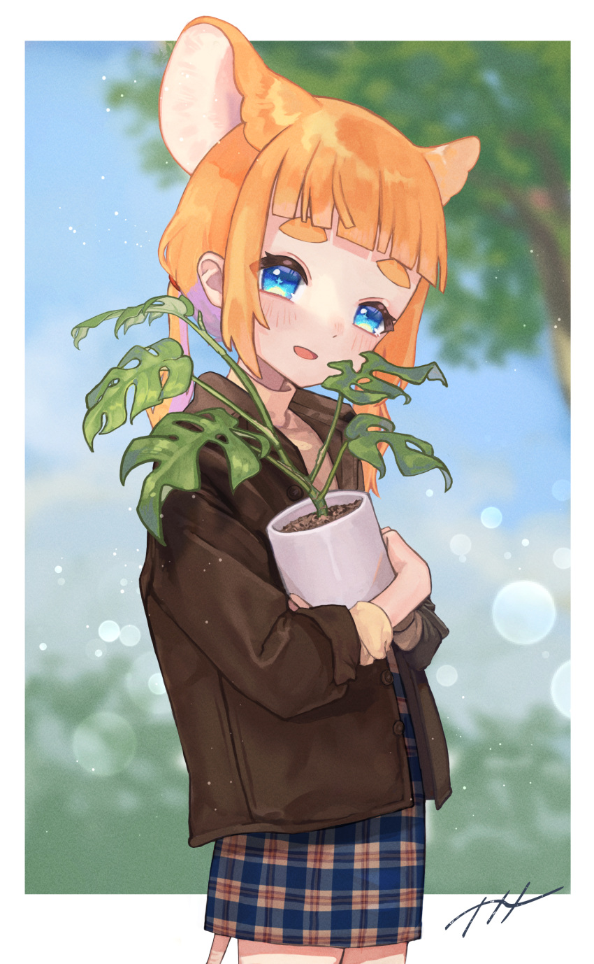 1girl absurdres animal_ears blue_eyes blunt_bangs blurry blurry_background blush highres holding indie_virtual_youtuber jacket long_sleeves looking_at_viewer low_ponytail mouse_ears mouse_girl mouse_tail naname_(7name) open_mouth orange_hair original plaid plaid_skirt plant potted_plant skirt solo tail thick_eyebrows turtleneck virtual_youtuber