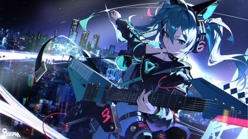 1girl animal_ear_headphones animal_ears black_jacket blue_eyes blue_hair blue_nails building cat_ear_headphones city city_lights closed_mouth commentary cowboy_shot dutch_angle electric_guitar fake_animal_ears floating_hair glint guitar hair_between_eyes hatsune_miku headphones headset highres holding holding_instrument holding_plectrum instrument jacket jiu_ye_sang long_hair long_sleeves looking_at_viewer microphone nail_polish neon_trim night night_sky outdoors outstretched_arm plectrum sidelocks sky skyline skyscraper solo star_(sky) starry_sky symbol-only_commentary twintails v-shaped_eyebrows vocaloid zipper zipper_pull_tab