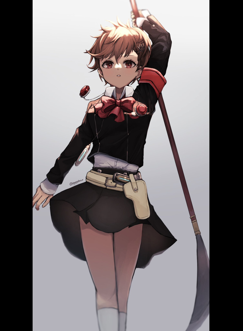 1girl arm_up armband black_border border bow bowtie brown_hair collared_shirt gekkoukan_high_school_uniform headphones highres holding holding_polearm holding_weapon looking_at_viewer persona persona_3 persona_3_portable polearm pppppknw red_bow red_bowtie s.e.e.s school_uniform shiomi_kotone shirt short_hair skirt solo spear standing twitter_username weapon
