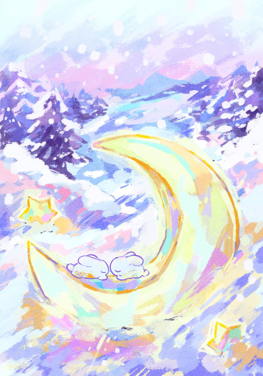 closed_eyes crescent highres kiato no_humans original outdoors pine_tree rabbit sky snow snowing star_(symbol) tree winter