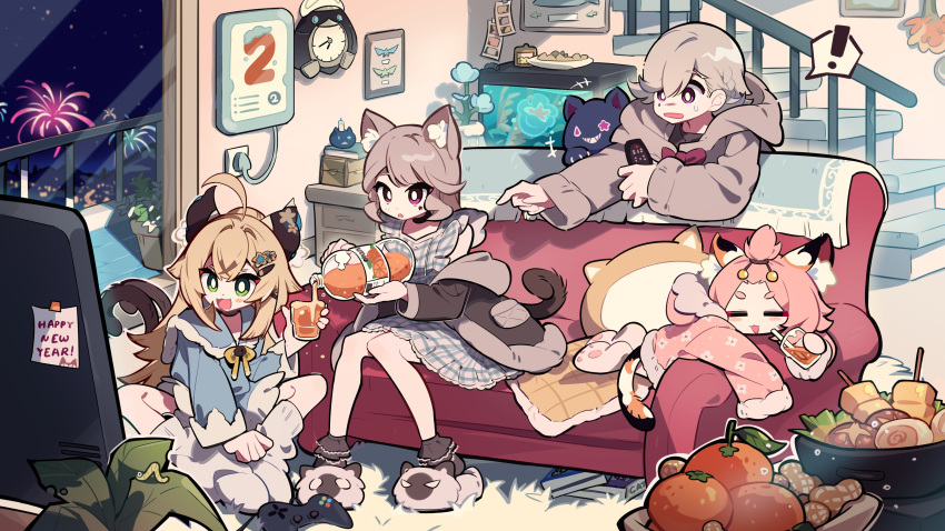 ! +++ 1boy 3girls :3 :d :o =_= absurdres ahoge alternate_costume animal_ear_fluff animal_ears aquarium balcony blonde_hair blue_shirt bottle bread brown_shirt cat-shaped_pillow cat_ears cat_feet cat_girl cat_slippers cat_tail clock commentary_request controller couch cup diona_(genshin_impact) dress drinking_straw facial_mark fang fireworks food full_body game_controller genshin_impact green_eyes grey_hair happy_new_year highres holding holding_bottle holding_cup holding_remote_control hood hood_down hooded_pajamas indoors kirara_(genshin_impact) lemonade long_hair long_sleeves lynette_(genshin_impact) lyney_(genshin_impact) meadow_(morphinecaca) multicolored_tail multiple_girls multiple_tails night off_shoulder open_mouth pajamas pink_eyes pink_hair pink_pajamas pink_socks plaid plaid_dress plant potted_plant pouring remote_control ribbon shirt skewer smile socks spoken_exclamation_mark stairs star_(symbol) star_facial_mark sweatdrop tail television thick_eyebrows two_tails violet_eyes worm yellow_ribbon
