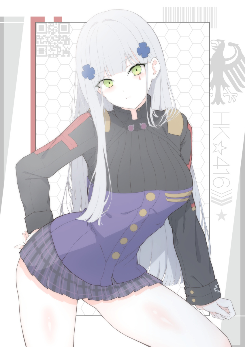 1girl absurdres barcode black_jacket character_name closed_mouth cowboy_shot criss-cross_halter expressionless girls_frontline green_eyes grey_hair halterneck hand_on_own_hip highres hk416_(girls'_frontline) jacket long_hair looking_at_viewer multicolored_clothes multicolored_jacket plaid plaid_skirt pleated_skirt purple_jacket purple_skirt qr_code simple_background skirt solo star_(symbol) straight_hair teardrop_facial_mark teardrop_tattoo two-tone_jacket uchikata_takeaki