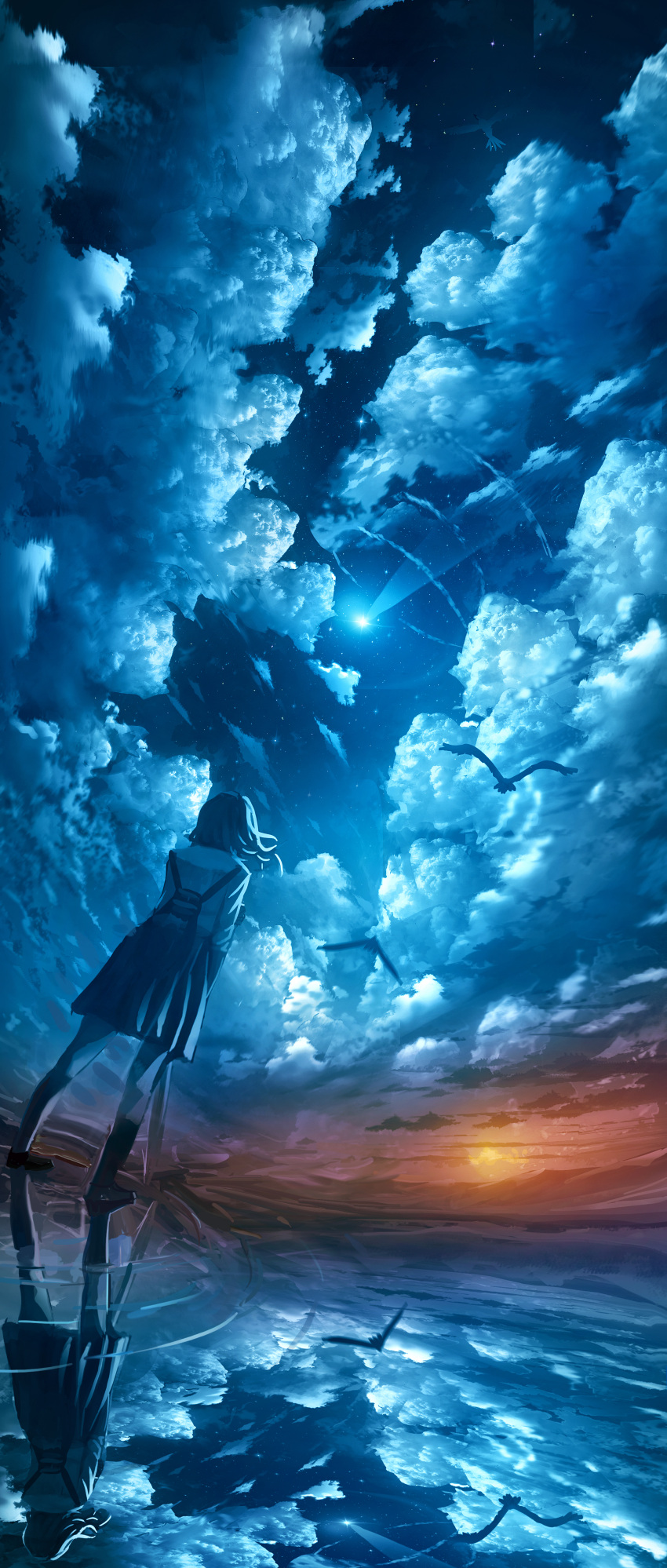 1girl absurdres backpack bag bird blue_skirt clouds from_below full_body gradient_sky highres kenzo_093 mountain night night_sky orange_sky original reflection reflective_water ripples scenery shirt shooting_star skirt sky solo standing water white_shirt