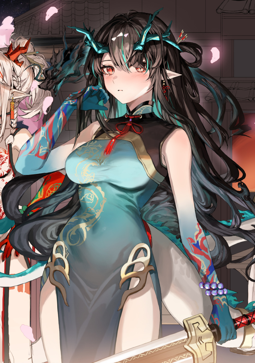 2girls absurdres architecture arknights bead_bracelet beads black_hair blush bracelet braid breasts cherry_blossoms china_dress chinese_clothes closed_mouth colored_skin cowboy_shot dangle_earrings dragon_girl dragon_horns dragon_print dragon_tail dress dusk_(arknights) dusk_(everything_is_a_miracle)_(arknights) earrings east_asian_architecture expressionless gold_trim gradient_skin green_dress green_hair green_horns green_skin hand_in_own_hair highres holding holding_sword holding_weapon horns jewelry long_hair looking_at_viewer medium_breasts molyb multicolored_hair multicolored_skin multiple_girls neck_tassel nian_(arknights) nian_(unfettered_freedom)_(arknights) official_alternate_costume pelvic_curtain petals pointy_ears ponytail red_eyes red_horns red_skin redhead side_braid side_slit sleeveless sleeveless_dress slit_pupils solo_focus standing streaked_hair sword tail tassel tassel_earrings two-tone_hair wavy_hair weapon white_dress white_hair