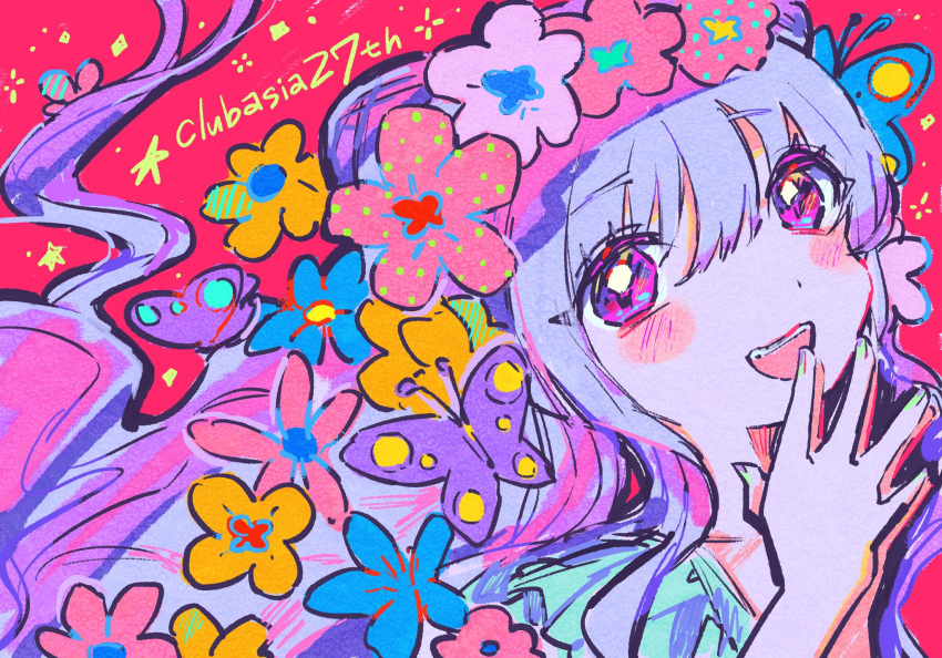 1girl :d blue_flower blue_hair blush bug butterfly commentary_request flower flower_wreath hair_between_eyes hair_flower hair_ornament hands_up head_wreath highres kiato long_hair looking_at_viewer open_mouth orange_flower original own_hands_clasped own_hands_together pink_eyes pink_flower smile solo upper_body