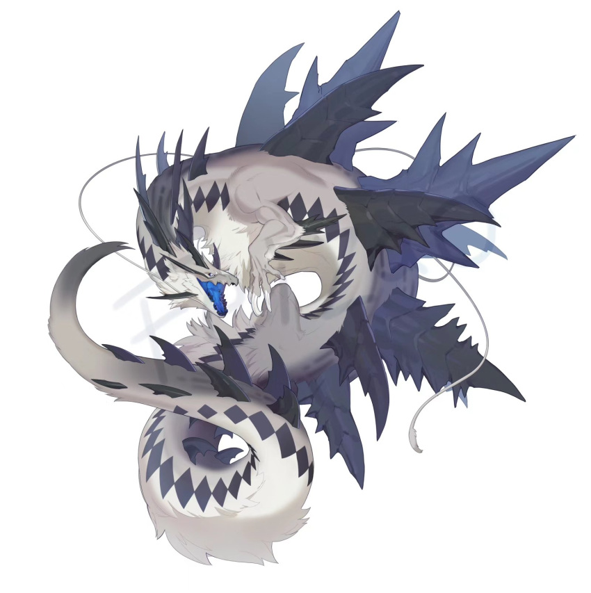 black_sclera blue_tongue chinese_commentary claws colored_sclera colored_tongue forked_tongue full_body grey_fur highres leviair looking_to_the_side monster no_humans open_mouth original simple_background solo spines tail tongue watermark whiskers white_background white_eyes