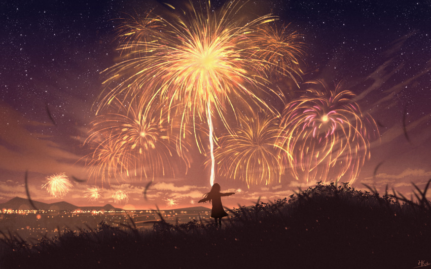 1girl city_lights clouds dress falling_leaves fireworks floating_hair forced_perspective grass highres hkcutie holding_fireworks leaf long_hair long_sleeves mountainous_horizon night night_sky original outdoors outstretched_arms scenery signature silhouette sky solo sparkler star_(sky) starry_sky very_wide_shot