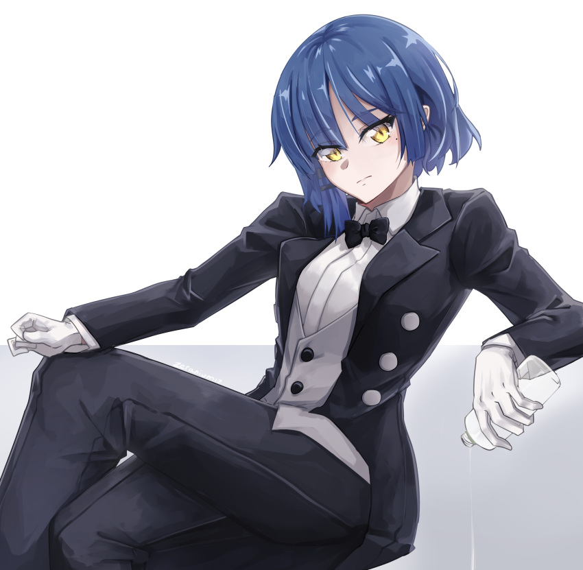 1girl :| absurdres black_suit blue_hair bocchi_the_rock! bottle bow bowtie closed_mouth coat crossed_legs dress_shirt expressionless feet_out_of_frame formal gloves gradient_background grey_vest hand_on_own_knee head_tilt highres holding holding_bottle looking_at_viewer open_clothes open_coat pouring shirt short_hair simple_background sitting suit vest water_bottle white_gloves white_shirt yamada_ryo yellow_eyes zeranium_(zeranium17)