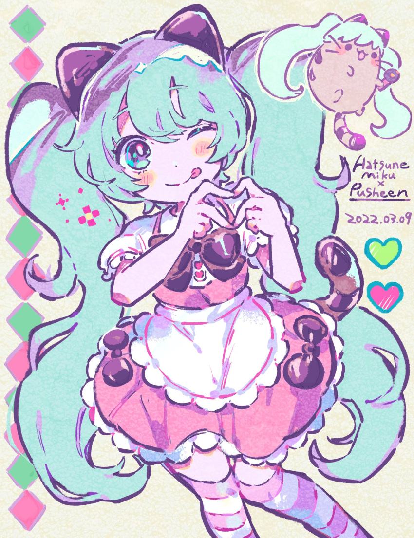 1girl animal_ears apron blue_eyes blue_hair cat_ears cat_girl cat_tail character_name closed_mouth commentary_request cosplay crossover dated dress feet_out_of_frame frilled_dress frills hands_up hatsune_miku hatsune_miku_(cosplay) heart heart_hands highres kemonomimi_mode kiato long_hair looking_at_viewer miku_day one_eye_closed pink_dress puffy_short_sleeves puffy_sleeves pusheen_the_cat pusheen_the_cat_(series) short_sleeves smile solo standing striped_clothes striped_tail striped_thighhighs tail thigh-highs tongue tongue_out twintails very_long_hair vocaloid waist_apron white_apron