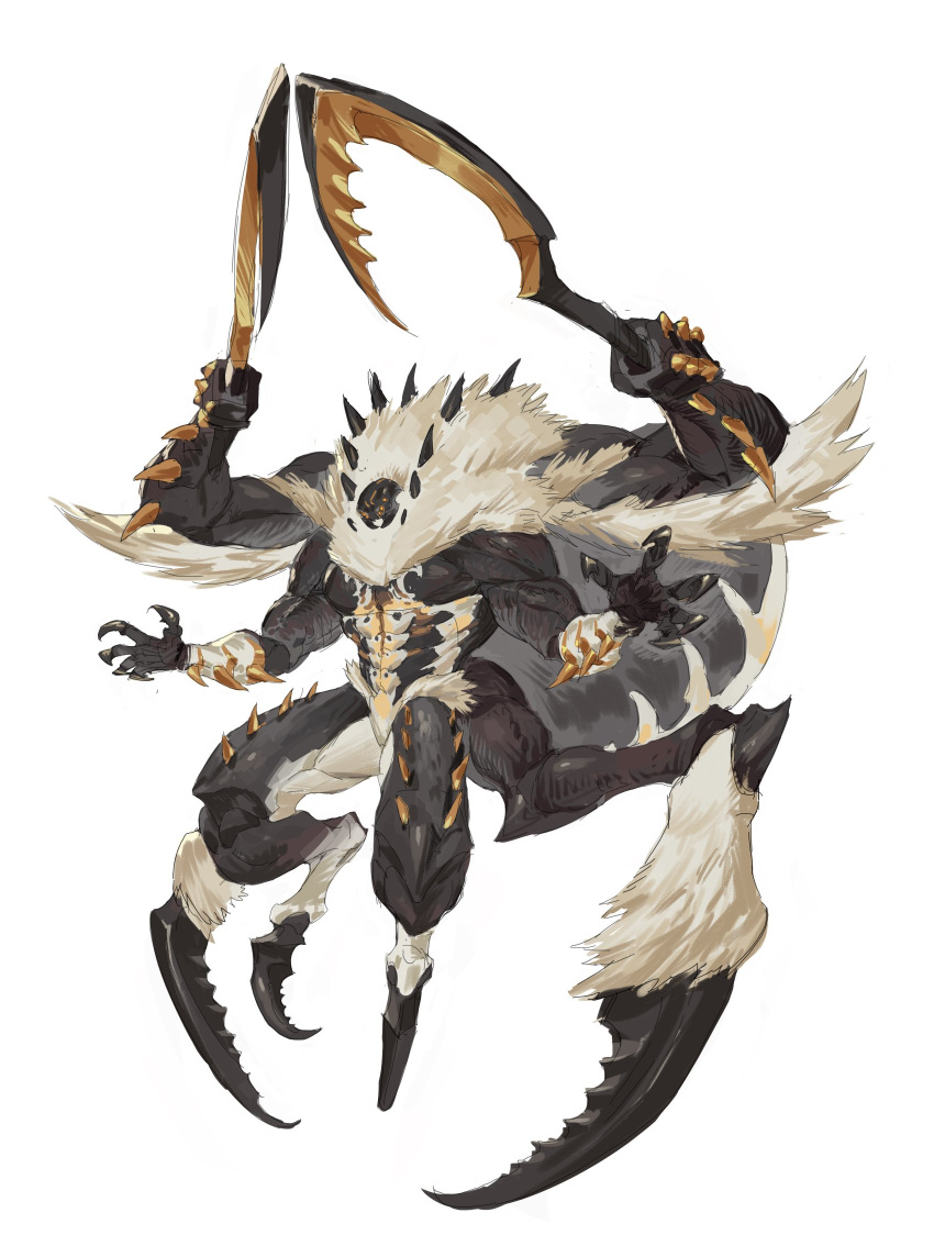 1boy animal_feet arms_up arthropod_boy arthropod_limbs black_skin brown_fur carapace claws colored_skin digitigrade dual_wielding extra_arms full_body hands_up highres holding holding_sickle holding_weapon leviair male_focus mandibles monster neck_fur no_humans orange_eyes original sickle simple_background solo spider_boy spikes weapon white_background