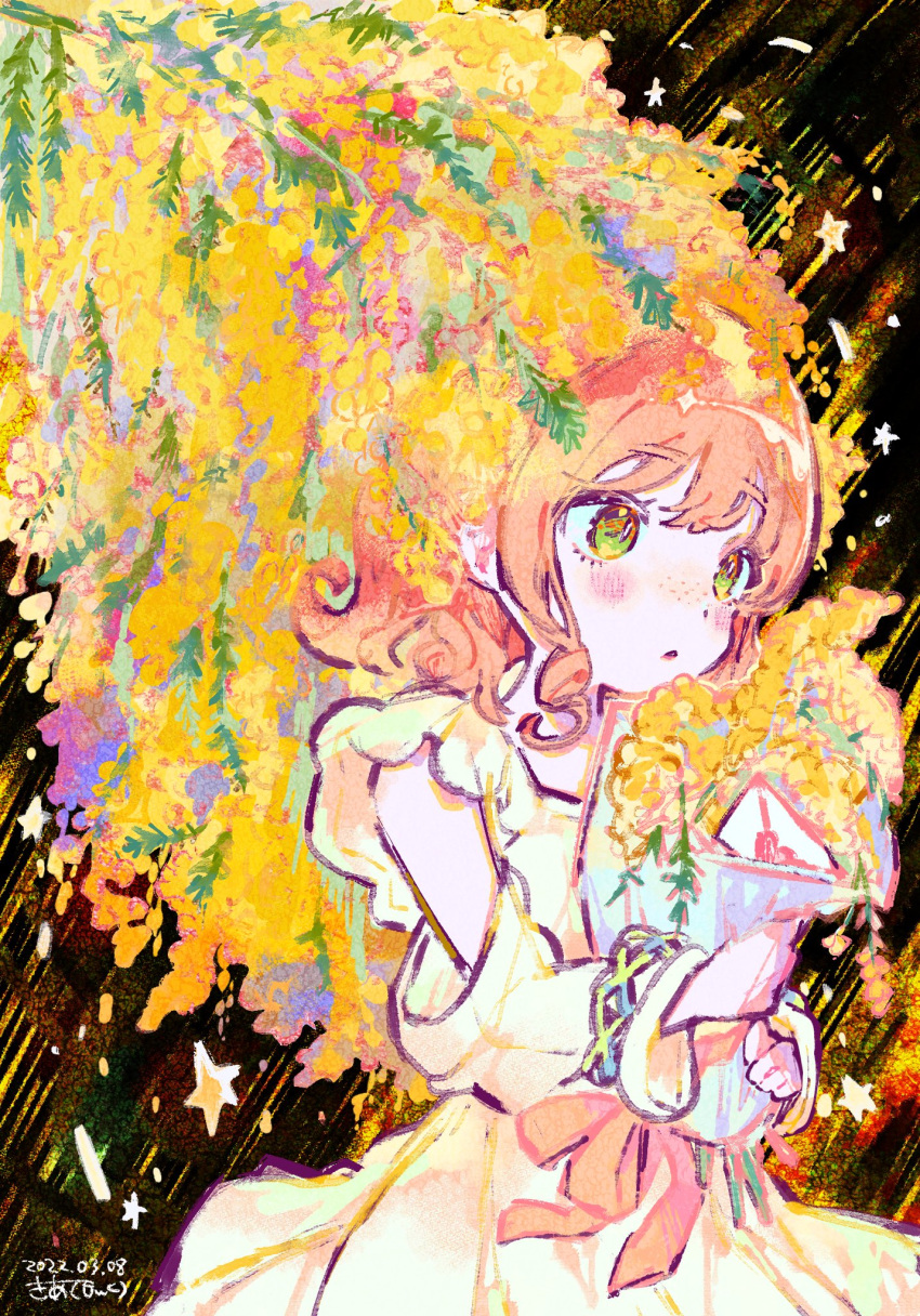 1girl blush bouquet bracelet cowboy_shot dated detached_sleeves dress envelope floral_background flower freckles highres holding holding_bouquet jewelry kiato looking_ahead love_letter mimosa_(flower) open_mouth orange_hair original short_hair signature solo standing star_(symbol) yellow_dress yellow_flower