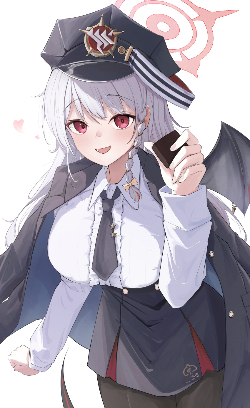 1girl absurdres black_headwear black_necktie black_pantyhose black_skirt black_tail black_wings blue_archive blush braid breasts chocolate collared_shirt demon_tail demon_wings fake_wings food grey_hair halo haruna_(blue_archive) hat heart highres holding holding_food large_breasts long_hair looking_at_viewer necktie open_mouth pantyhose peaked_cap red_eyes red_halo scio_12 shirt side_braid simple_background single_wing skirt smile solo tail white_background white_shirt wings