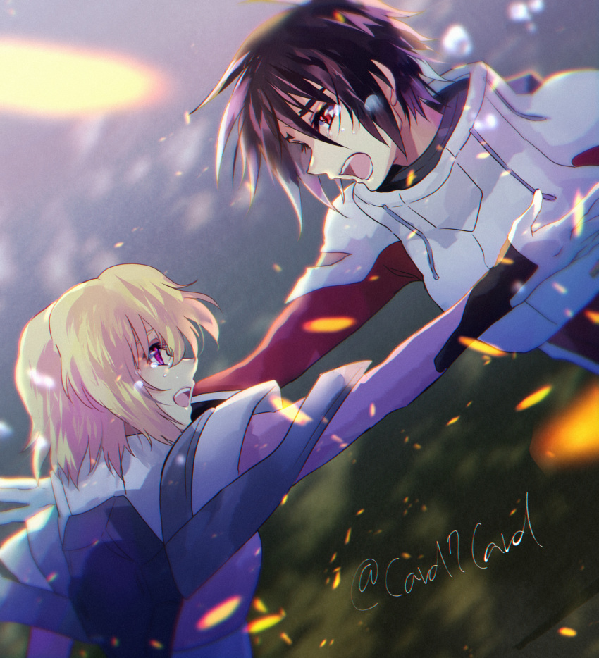 1boy 1girl black_hair blonde_hair crying crying_with_eyes_open gundam gundam_seed gundam_seed_destiny highres looking_at_another open_mouth outstretched_arm pilot_suit pink_eyes red_eyes shinn_asuka stellar_loussier tears war yuuka_seisen