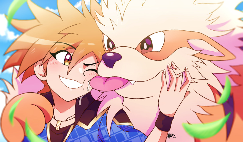 1boy affectionate arcanine blonde_hair blue_jacket blue_oak blue_oak_(sygna_suit) blurry blush brown_eyes clouds commentary_request day depth_of_field falling_leaves grin hand_up highres inglebard jacket jewelry leaf licking licking_another's_face male_focus necklace official_alternate_costume outdoors pokemon pokemon_masters_ex shirt short_hair sky smile spiky_hair teeth upper_body wristband