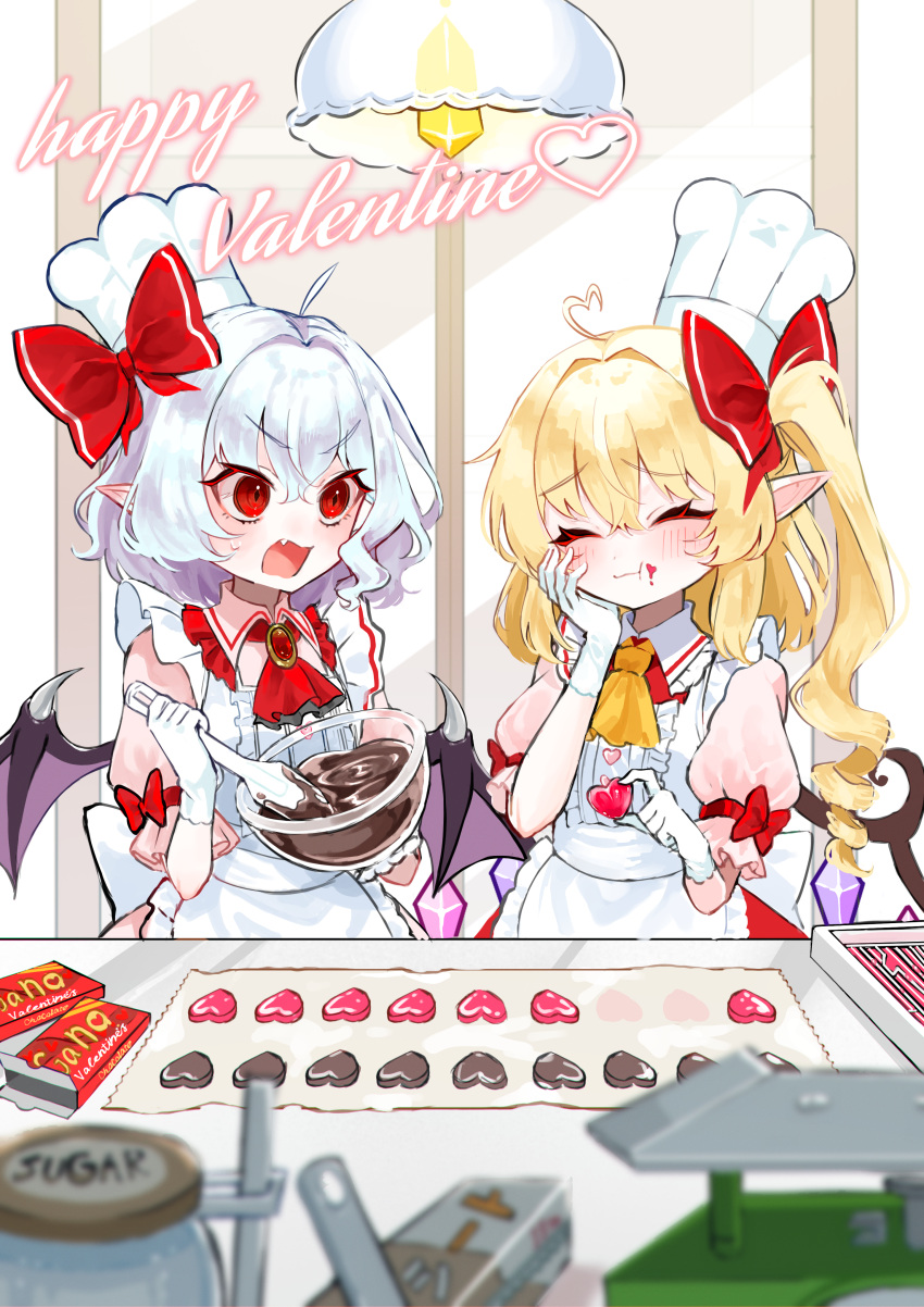 2girls :t absurdres ahoge angry aorin_oekaki apron ascot bat_wings blonde_hair blush bow candy ceiling_light center_frills chef_hat chocolate chocolate_making closed_eyes crystal drill_hair drill_ponytail fang flandre_scarlet food food_on_face frilled_apron frilled_shirt_collar frills gloves hair_bow hair_intakes happy_valentine hat heart heart-shaped_chocolate heart_ahoge highres long_hair medium_hair multiple_girls pink_shirt pointy_ears puffy_short_sleeves puffy_sleeves red_ascot red_brooch red_eyes red_ribbon remilia_scarlet ribbon shirt short_sleeves siblings side_ponytail sisters sugar_(food) sweat touhou v-shaped_eyebrows valentine white_apron white_gloves white_hair white_headwear wings yellow_ascot