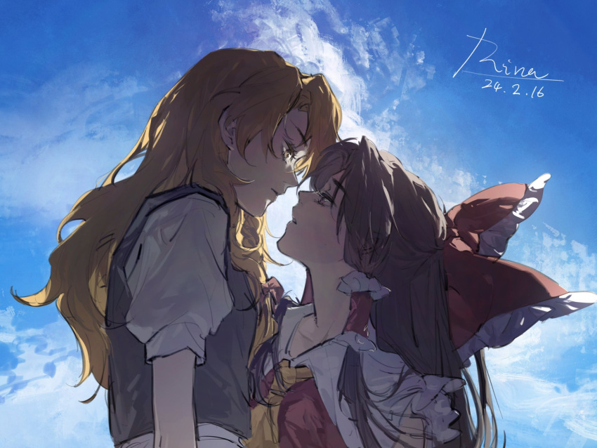 2girls aihara-rina artist_name ascot black_hair black_vest blonde_hair bow brown_eyes clouds dated day dress frilled_hair_tubes frilled_shirt_collar frills hair_bow hair_tubes hakurei_reimu highres imminent_kiss kirisame_marisa long_hair looking_at_another multiple_girls outdoors parted_lips puffy_sleeves red_bow red_dress shade shirt sidelocks signature sketch skirt sky touhou upper_body vest white_shirt white_skirt yellow_ascot yellow_eyes yuri