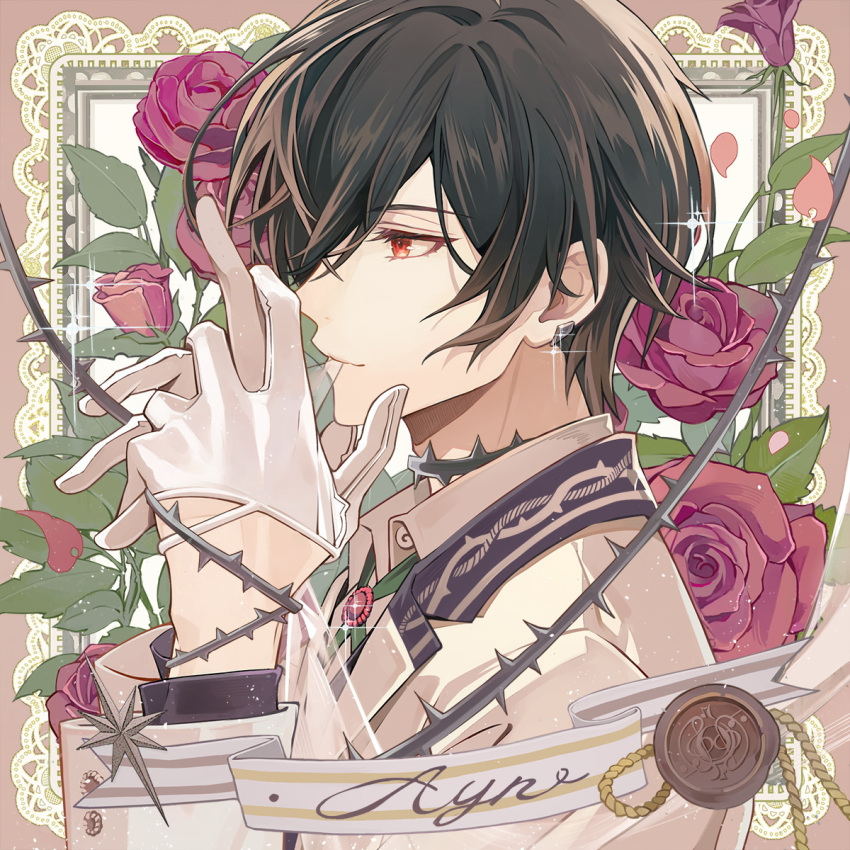 1boy ayn_alwyn biting black_choker black_hair black_vest bound bound_wrists bridal_veil character_name choker closed_mouth collared_shirt cross_tie doily earrings floral_background flower from_side gloves groom hair_between_eyes half_gloves hands_up highres jacket jewelry lapels leaf long_sleeves looking_ahead lovebrush_chronicles male_focus mouth_hold notched_lapels official_art own_hands_together pink_background plant profile red_eyes red_flower red_rose rose shirt short_hair smile solo sparkle suit_jacket thorns upper_body veil vest vines wax_seal white_gloves white_jacket white_shirt