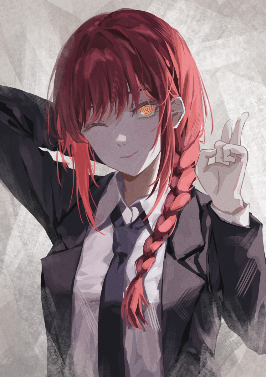1girl ;) absurdres black_necktie black_suit braid braided_ponytail breasts business_suit chainsaw_man closed_mouth collared_shirt commentary_request highres komura_hiroto long_hair looking_at_viewer makima_(chainsaw_man) necktie one_eye_closed redhead ringed_eyes shirt sidelocks smile solo suit upper_body v white_shirt yellow_eyes