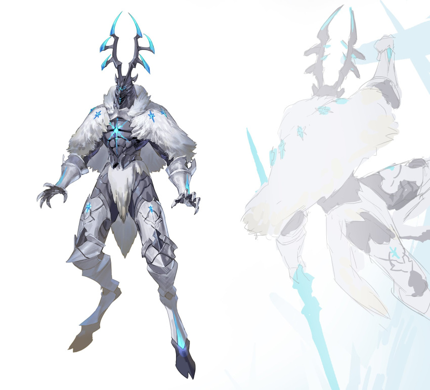1boy antlers armor blue_eyes cape claws digitigrade facing_viewer full_body fur_cape fur_collar gauntlets glowing glowing_eyes highres hooves horns leviair loincloth male_focus monster multiple_views original pelvic_curtain simple_background standing white_background