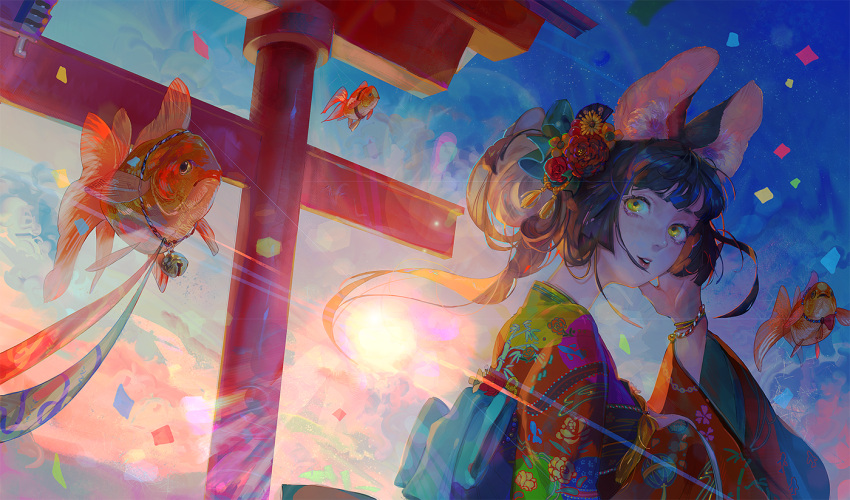1girl animal_ear_fluff animal_ears bell black_hair blue_sky bracelet chinese_zodiac dog_ears fish floral_print_kimono flower flying_fish hair_flower hair_ornament hand_up japanese_clothes jewelry jingle_bell kimono koi kurikabacha lens_flare long_hair long_sleeves looking_at_viewer looking_to_the_side multicolored_clothes multicolored_kimono nengajou new_year original outdoors parted_lips rope sky solo sun sunlight torii upper_body wide_sleeves year_of_the_dog yellow_eyes