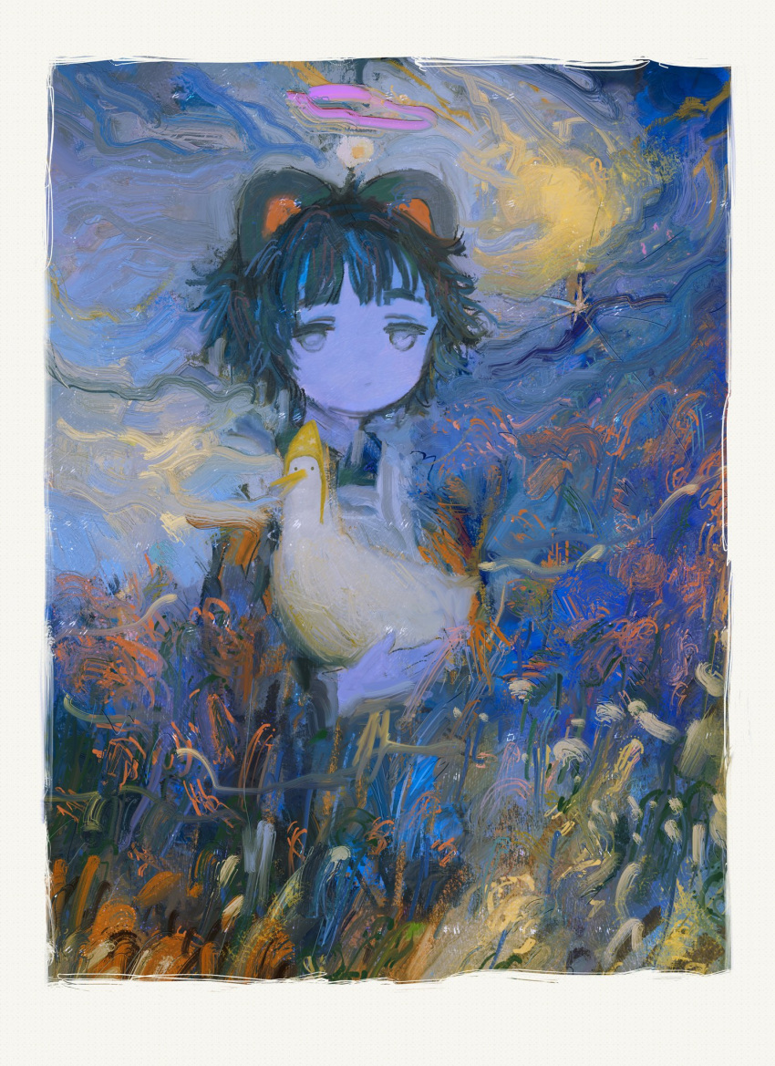 1girl abstract abstract_background animal animal_ears bird black_hair border cat_ears ciel_(paradis47) closed_mouth dress duck empty_eyes expressionless fake_animal_ears faux_traditional_media grass grey_eyes half-closed_eyes halo hand_up highres holding holding_animal impasto jitome long_sleeves medium_bangs moon night night_sky no_nose original outdoors painterly psychedelic short_hair sky solo white_border