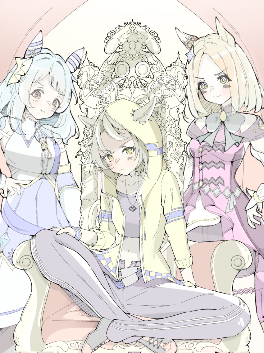 3girls animal_ears black_bow black_bowtie blonde_hair blue_hair bow bowtie bright_pupils brown_hair collarbone commentary crop_top dictus_striker ear_covers ear_ornament ears_through_hood flat_chest gloves grey_pants hand_on_own_hip highres hishi_miracle_(umamusume) hood hood_up hooded_jacket horse_ears horse_girl indian_style jacket jewelry light_blue_hair light_brown_hair long_sleeves medium_hair midriff multiple_girls narita_top_road_(umamusume) navel open_clothes open_jacket orange_eyes pale_color pants pendant shoes single_ear_cover sitting standing throne toylirere umamusume umamusume:_cinderella_gray white_gloves yellow_jacket