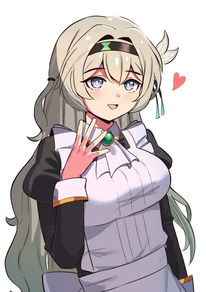 1girl :d absurdres alternate_costume apron arm_at_side ascot black_hairband black_shirt blue_pupils blue_ribbon blush bow brooch collared_shirt cowboy_shot dot_nose enmaided firefly_(honkai:_star_rail) frilled_apron frills gradient_hair green_hair grey_hair hair_between_eyes hair_bow hair_intakes hair_ribbon hairband hand_up heart highres honkai:_star_rail honkai_(series) iog626 jewelry juliet_sleeves long_hair long_sleeves looking_ahead maid multicolored_hair one_side_up open_mouth puffy_sleeves ribbon shirt sidelocks simple_background smile solo very_long_hair violet_eyes white_apron white_ascot white_background white_bow white_shirt