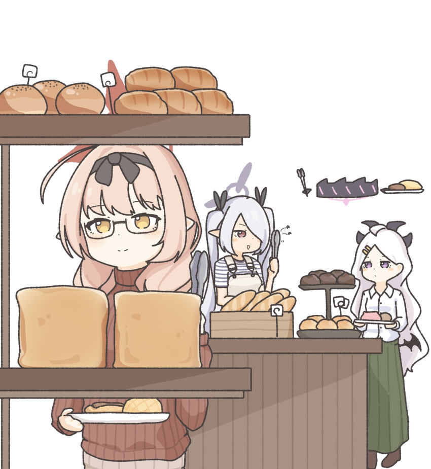 3girls baguette blue_archive blush bread chinatsu_(blue_archive) enobun3gyo food glasses highres hina_(blue_archive) holding holding_plate holding_tongs iori_(blue_archive) long_skirt multiple_girls plate red_eyes shirt simple_background skirt smile sweater table tongs twintails violet_eyes white_background white_hair white_shirt yellow_eyes