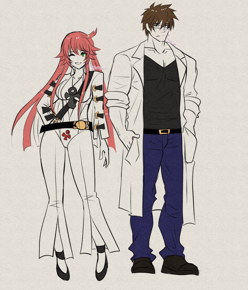 abs belt bodysuit breasts brown_hair copyright_request couple glasses green_eyes guilty_gear guilty_gear_strive highres husband_and_wife jack-o'_valentine jewelry kana-de lab_coat large_pectorals long_hair necklace pectorals redhead sol_badguy white_hair