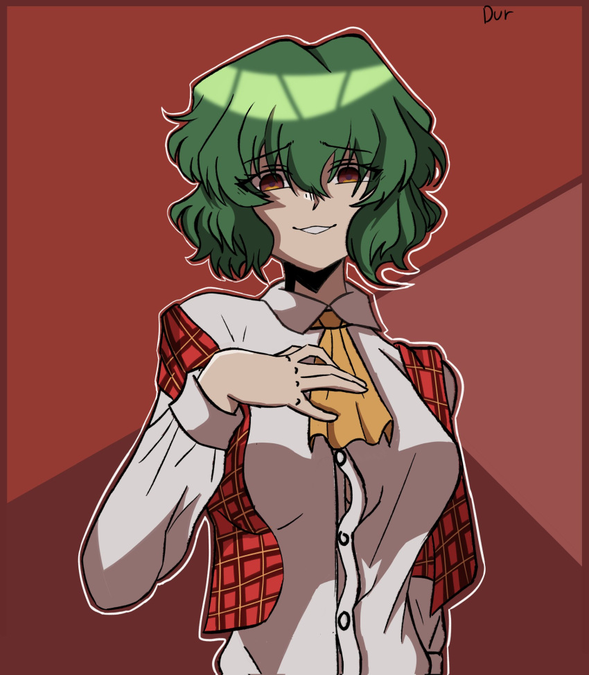 1girl ascot breasts collared_shirt commentary durdurdur english_commentary green_hair highres kazami_yuuka looking_at_viewer parted_lips plaid plaid_vest red_background red_eyes red_vest shirt short_hair signature solo touhou upper_body vest white_shirt yellow_ascot