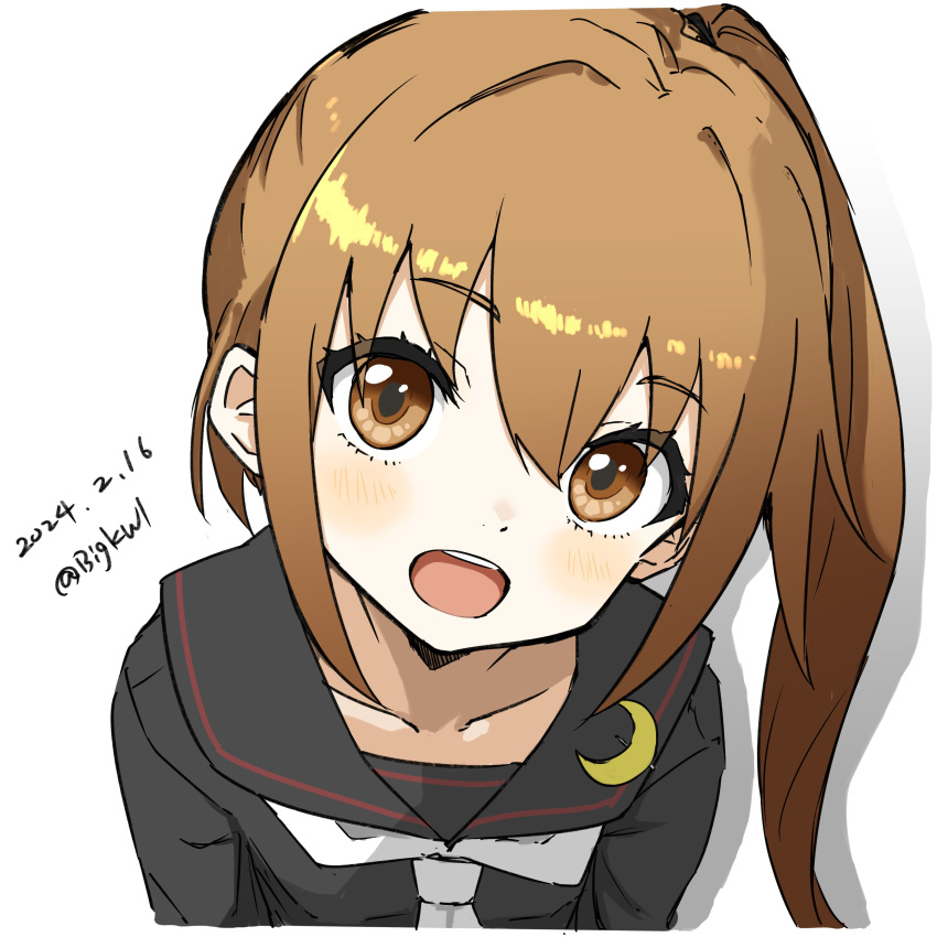 1girl absurdres bigkwl black_sailor_collar black_serafuku black_shirt brown_eyes brown_hair crescent crescent_pin dated fumizuki_(kancolle) highres kantai_collection long_hair neckerchief one-hour_drawing_challenge open_mouth ponytail sailor_collar sailor_shirt school_uniform serafuku shirt simple_background smile solo teeth twitter_username upper_body upper_teeth_only white_background white_neckerchief
