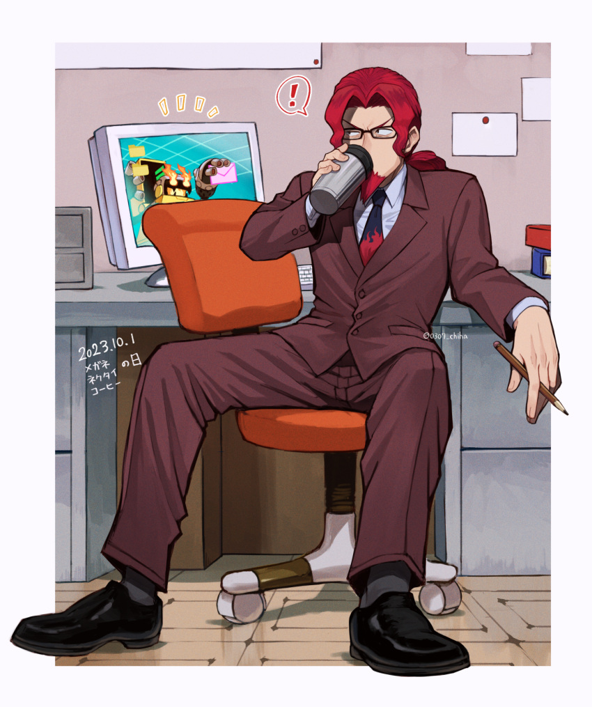 1boy chiha_bobobo commentary_request computer cup facial_hair formal glasses goatee heatman.exe highres holding holding_cup holding_pencil in-universe_location long_hair male_focus mega_man_(series) mega_man_battle_network_(series) mega_man_battle_network_6 mr._match_(mega_man) netnavi official_alternate_costume pencil redhead sitting suit