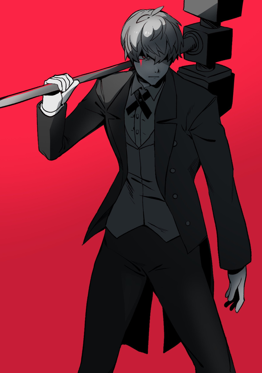 1boy absurdres aragaki_shinjirou closed_mouth collared_shirt formal hair_between_eyes highres holding holding_weapon jacket male_focus monochrome n6_kcf official_alternate_costume open_clothes open_jacket over_shoulder pants persona persona_3 pink_background shirt simple_background solo spot_color suit vest weapon weapon_over_shoulder