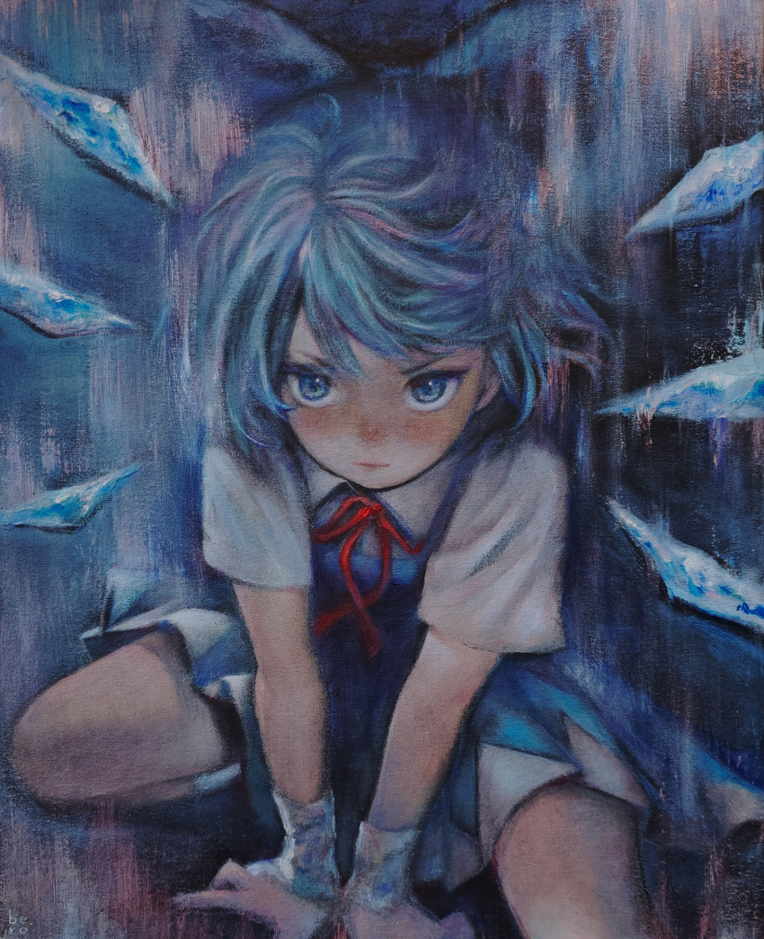 1girl between_legs blue_bow blue_dress blue_eyes blue_hair blush bow cirno commentary dress hair_bow hand_between_legs highres ice ice_wings oil_painting_(medium) painting_(medium) pinafore_dress russian_commentary shirt sleeveless sleeveless_dress svveetberry touhou traditional_media v-shaped_eyebrows white_shirt wings
