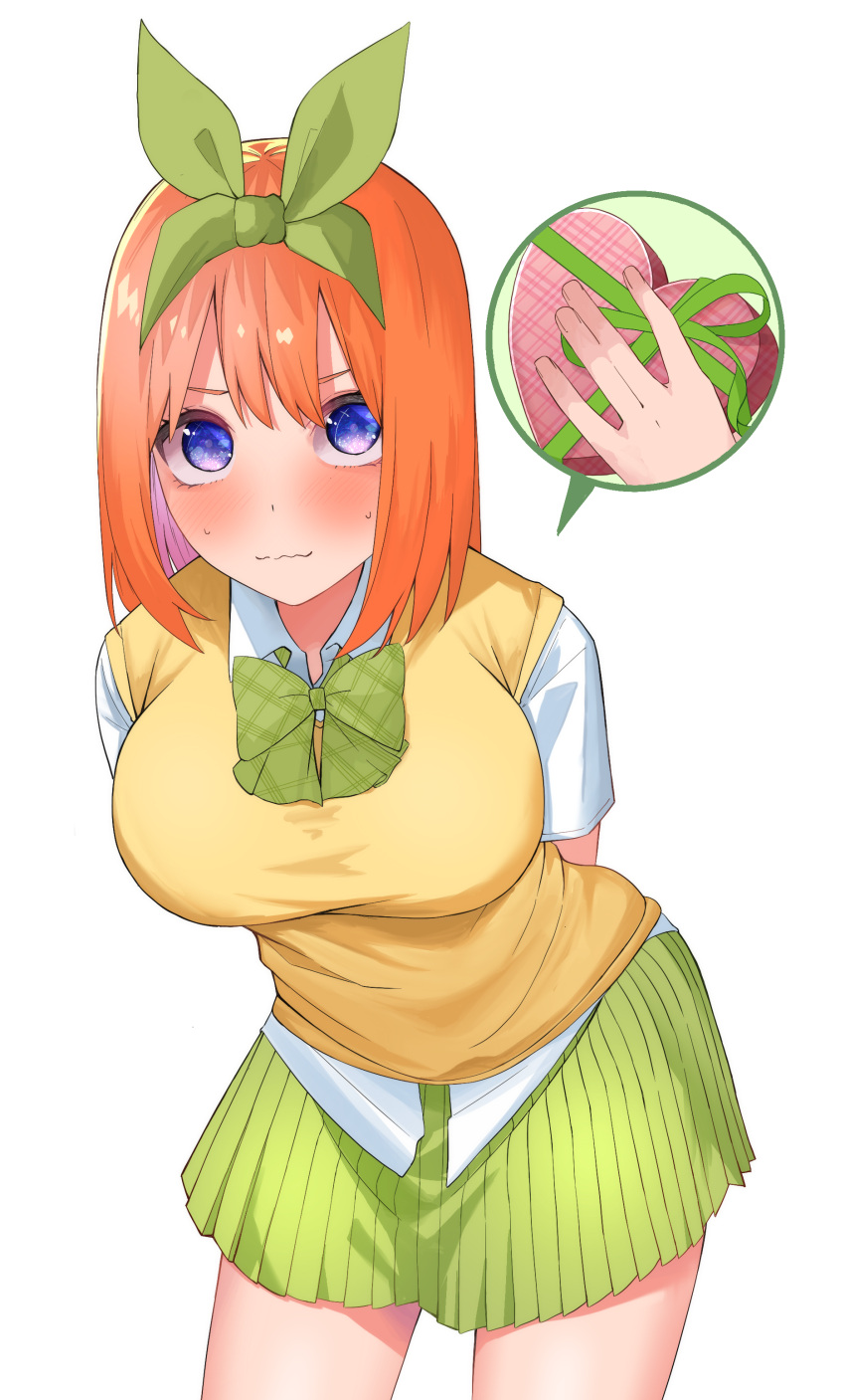 1girl \||/ absurdres airo arms_behind_back blue_eyes blush bow box breasts closed_mouth collared_shirt commentary_request cowboy_shot eyelashes gift go-toubun_no_hanayome green_bow green_ribbon green_skirt hair_between_eyes hair_ribbon heart-shaped_box highres holding holding_gift large_breasts looking_at_viewer medium_hair miniskirt nakano_yotsuba nervous nervous_smile orange_hair plaid plaid_bow pleated_skirt ribbon school_uniform shirt shy simple_background skirt smile solo speech_bubble straight_hair sweatdrop sweater_vest v-shaped_eyebrows valentine wavy_mouth white_background white_shirt yellow_sweater_vest