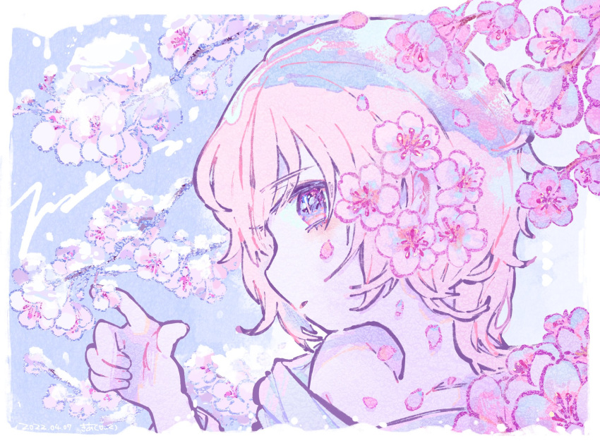 1girl blue_background border branch cherry_blossoms closed_mouth dated flower hair_flower hair_ornament hand_up highres kiato looking_at_viewer original petals pink_flower pink_hair profile short_hair signature snow solo upper_body violet_eyes white_border