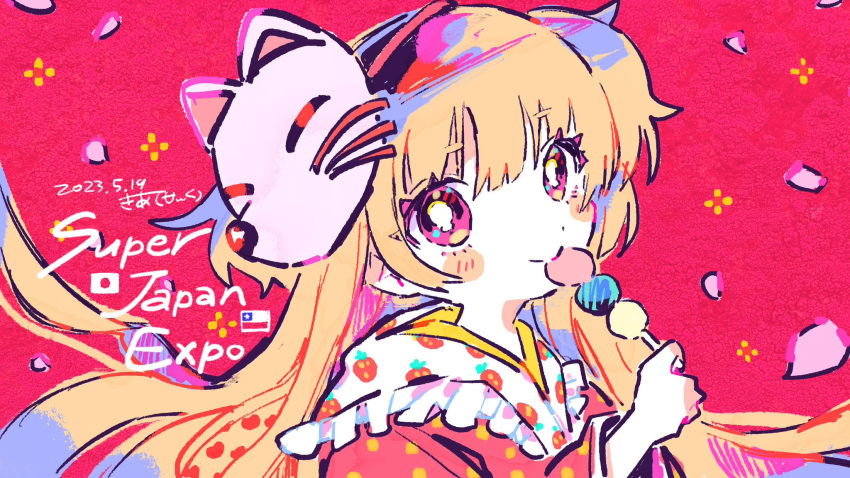 1girl blonde_hair bright_pupils chilean_flag commentary_request dango eating english_commentary food food_print fox_mask hand_up highres holding holding_food japanese_flag kiato long_hair long_sleeves looking_at_viewer mask mask_on_head mixed-language_commentary original pink_background pink_eyes sanshoku_dango solo strawberry_print two_side_up upper_body very_long_hair wagashi white_pupils