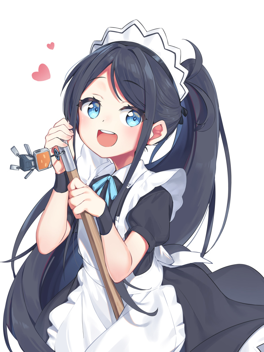 1girl apron aris_(blue_archive) aris_(maid)_(blue_archive) black_dress black_hair blue_archive blue_eyes blue_ribbon coffeiz_p commentary cowboy_shot dress hands_up heart highres long_hair looking_at_viewer maid_apron maid_headdress official_alternate_costume open_mouth ponytail puffy_sleeves ribbon simple_background smile solo teeth upper_teeth_only white_apron white_background wrist_cuffs
