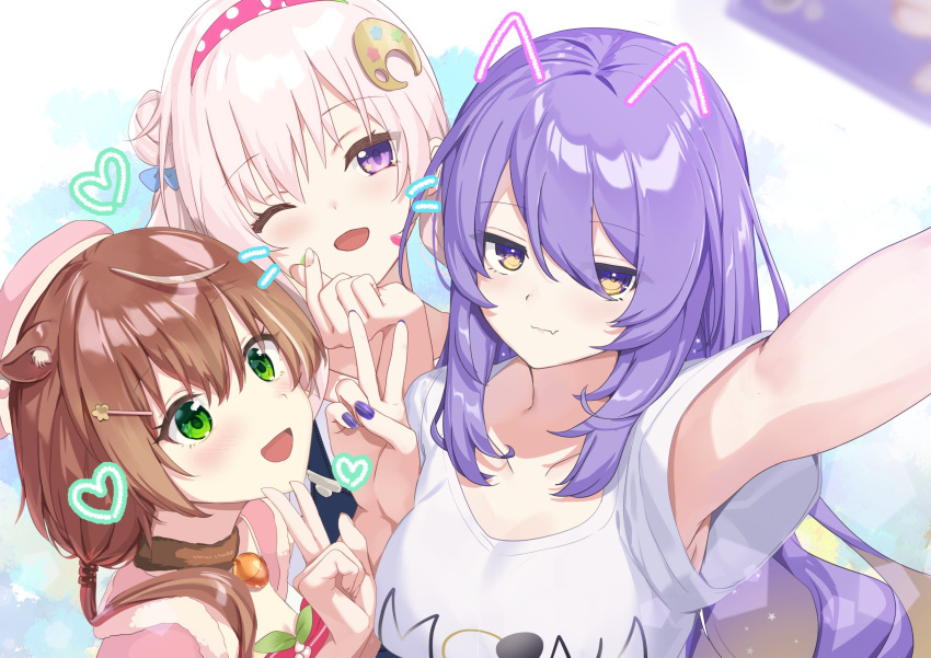 3girls airani_iofifteen airani_iofifteen_(1st_costume) area_15 ayunda_risu ayunda_risu_(1st_costume) birthday blush brown_hair commentary fang fang_out finger_heart green_eyes highres hololive hololive_indonesia long_hair looking_at_viewer moona_hoshinova moona_hoshinova_(3rd_costume) multiple_girls nail_polish nyori official_alternate_costume one_eye_closed outstretched_arm purple_hair purple_nails selfie shirt short_sleeves skin_fang smile star_(symbol) star_in_eye symbol-only_commentary symbol_in_eye v violet_eyes virtual_youtuber white_hair white_shirt