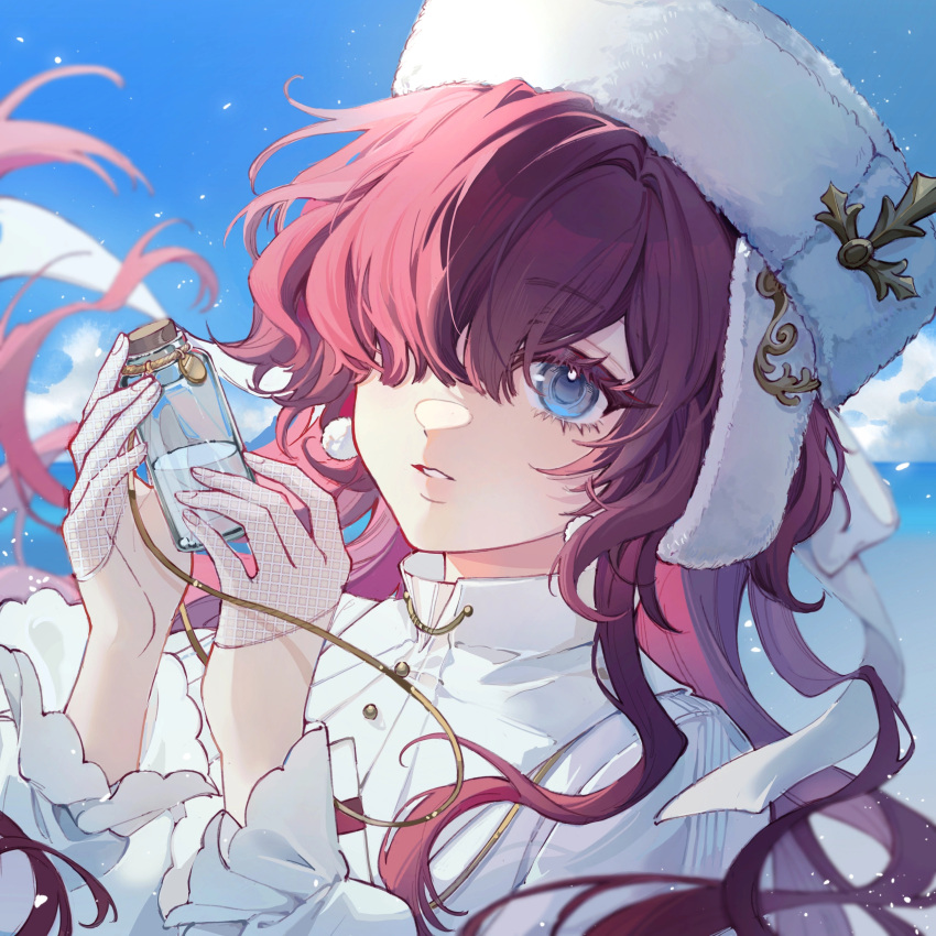 1girl absurdres blue_background blue_eyes blue_sky bottle chuanhe_duanduanzi clouds fishnet_gloves fishnets fur_hat gloves hair_over_one_eye half_gloves hands_up hat highres holding holding_bottle long_hair long_sleeves looking_at_viewer one_eye_covered parted_lips puffy_long_sleeves puffy_sleeves redhead reverse:1999 shirt sky solo upper_body ushanka white_gloves white_headwear white_shirt yenisei_(reverse:1999)