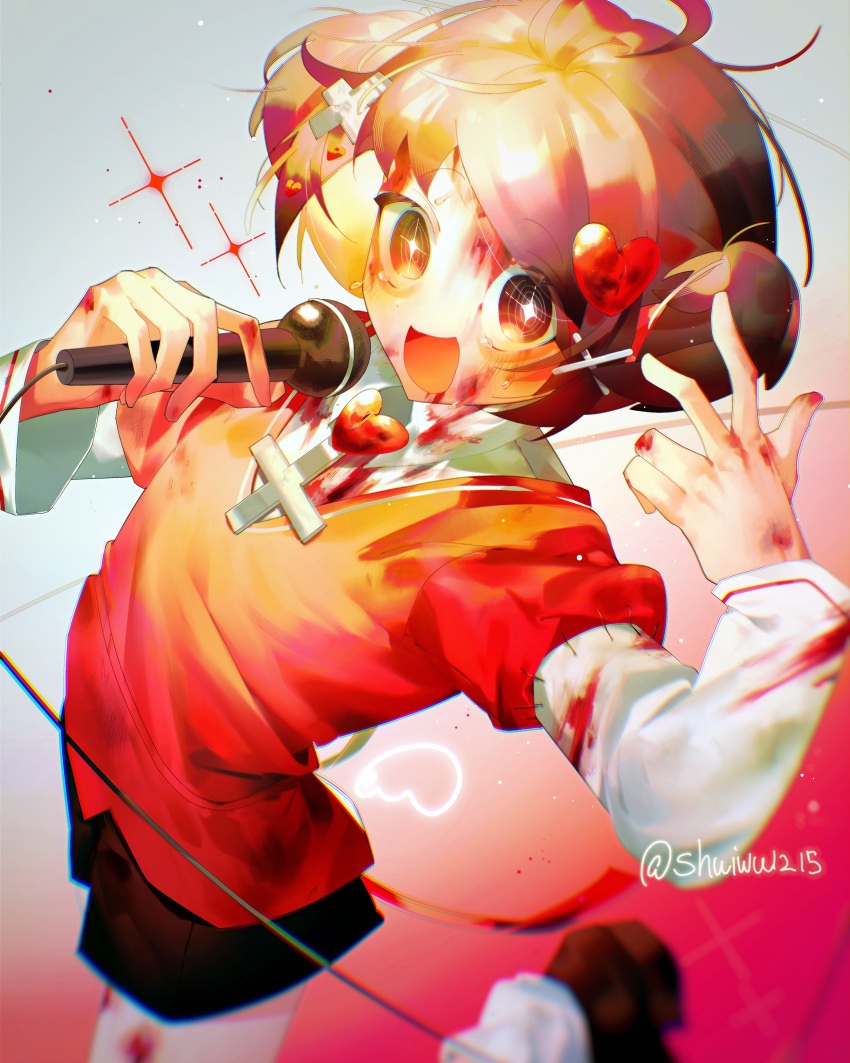 +_+ 1boy absurdres ahoge black_footwear black_shorts blood blood_on_clothes blood_on_face blood_on_hands borrowed_character bright_pupils child collared_shirt gradient_background hair_ornament handy_capper_(vocaloid) heart heart_hair_ornament highres holding holding_microphone long_sleeves looking_at_viewer male_focus microphone music open_mouth oyo-kun puffy_short_sleeves puffy_sleeves red_background red_eyes red_shirt shirt short_hair short_sleeves short_twintails shorts shuiwu1215 singing smile socks solo twintails vocaloid w white_background white_pupils white_shirt white_socks x_hair_ornament