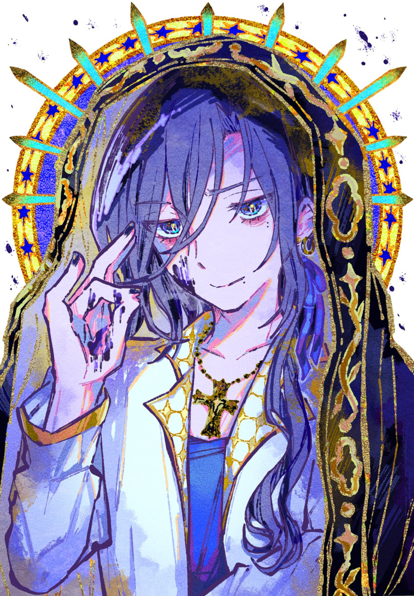 1boy bishounen blue_eyes blue_hair blue_shirt closed_mouth cross cross_necklace dirty dirty_face earrings gold_trim hair_between_eyes halo hand_up highres indie_utaite jacket jewelry kiato lin_(utaite) long_hair long_sleeves looking_at_viewer male_focus nail_polish necklace shirt solo upper_body utaite veil white_jacket