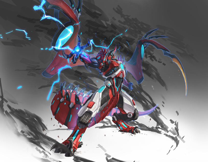 absurdres black_horns blue_sclera chinese_commentary claws closed_mouth colored_sclera digitigrade dragon electricity full_body gradient_background grey_background hand_up highres horns leviair looking_at_viewer mecha mechanical_wings no_humans original red_pupils red_wings robot solo standing tail wings