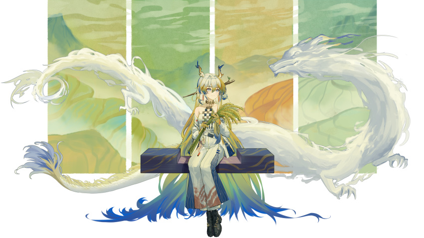 1girl absurdly_long_hair absurdres arknights bare_shoulders black_footwear blonde_hair blue_eyes blue_hair closed_mouth clouds colored_skin commentary_request dragon dragon_girl dragon_horns dragon_tail earrings eastern_dragon eyeliner green_sky hair_ornament hair_stick highres holding holding_plant holding_wheat horns jacket jewelry long_hair long_sleeves makeup minuo mountainous_horizon multicolored_hair off_shoulder open_clothes open_jacket pants plant pointy_ears red_eyeliner red_pupils shirt shu_(arknights) sitting sky smile solo strapless strapless_shirt tail very_long_hair white_hair white_jacket white_pants white_shirt wide_shot yellow_skin yellow_sky